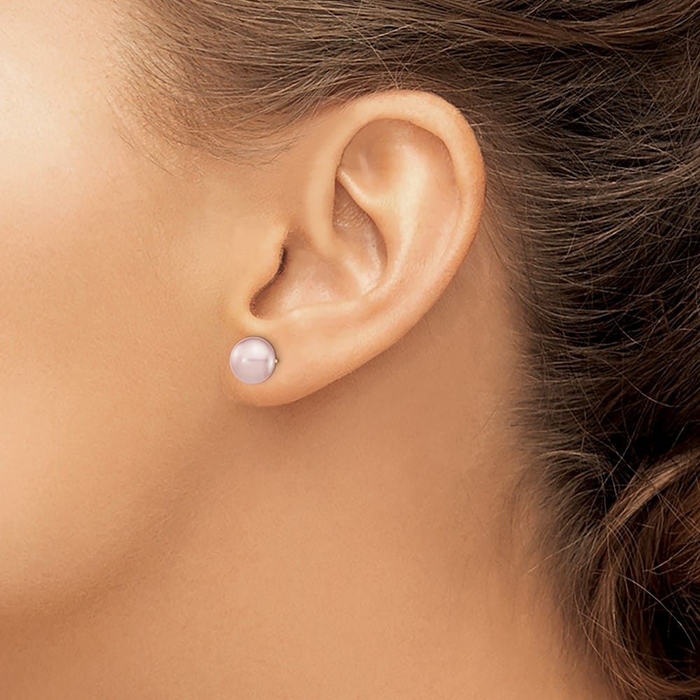 14K Yellow Gold 8-9mm Purple Button Freshwater Pearl Stud Earrings