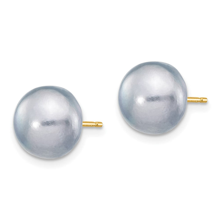 14K Yellow Gold 9-10mm Grey Button Freshwater Pearl Stud Post Earrings