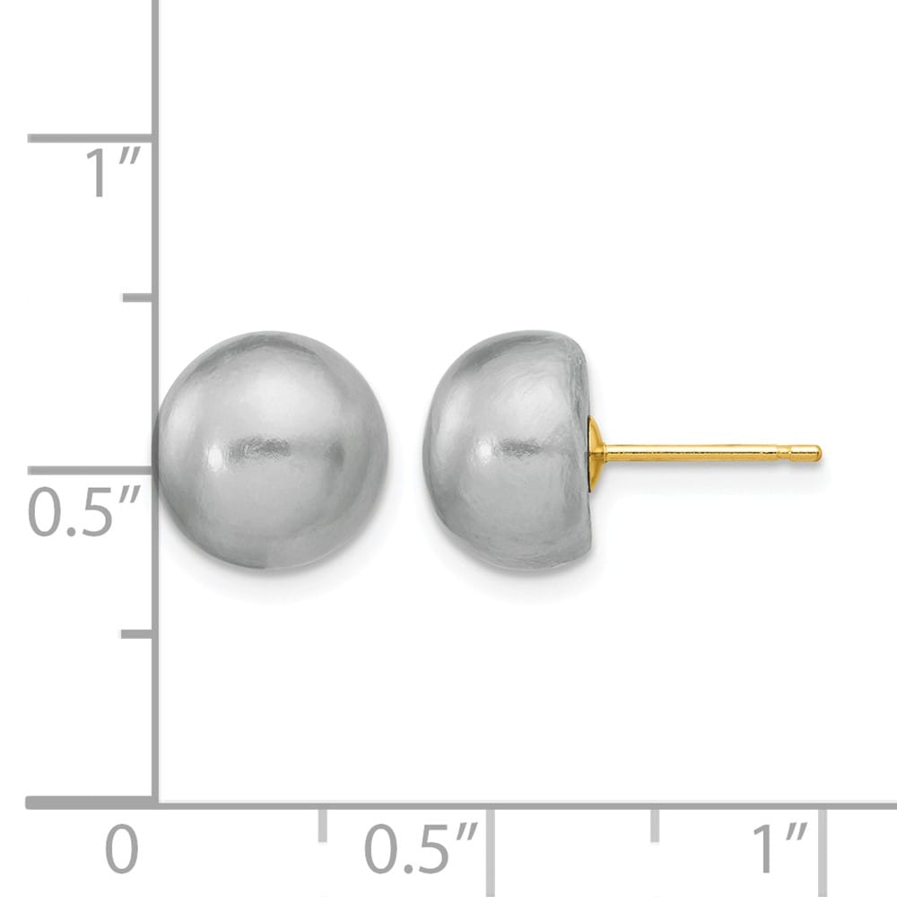 14K Yellow Gold 9-10mm Grey Button Freshwater Pearl Stud Post Earrings