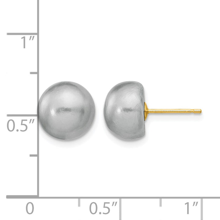 14K Yellow Gold 9-10mm Grey Button Freshwater Pearl Stud Post Earrings