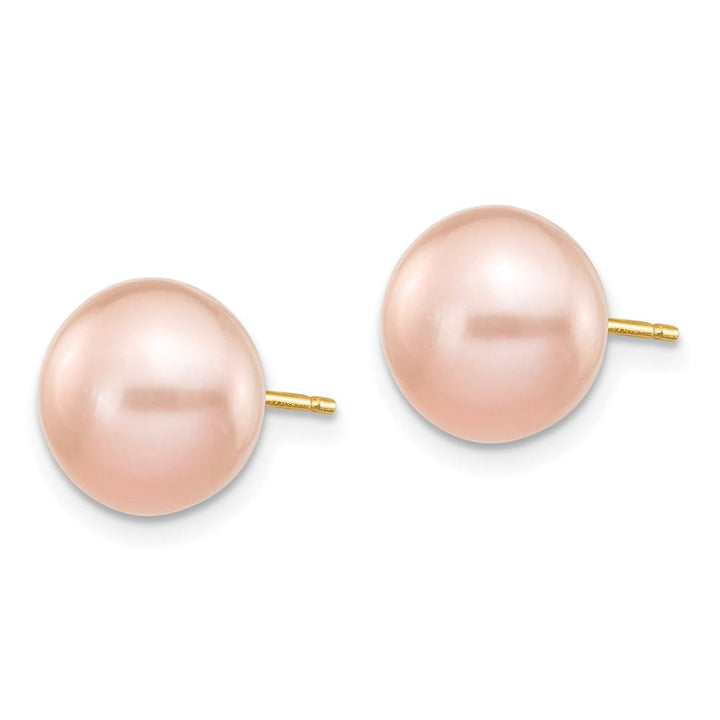 14K Yellow Gold 9-10mm Pink Button Freshwater Pearl Stud Post Earrings