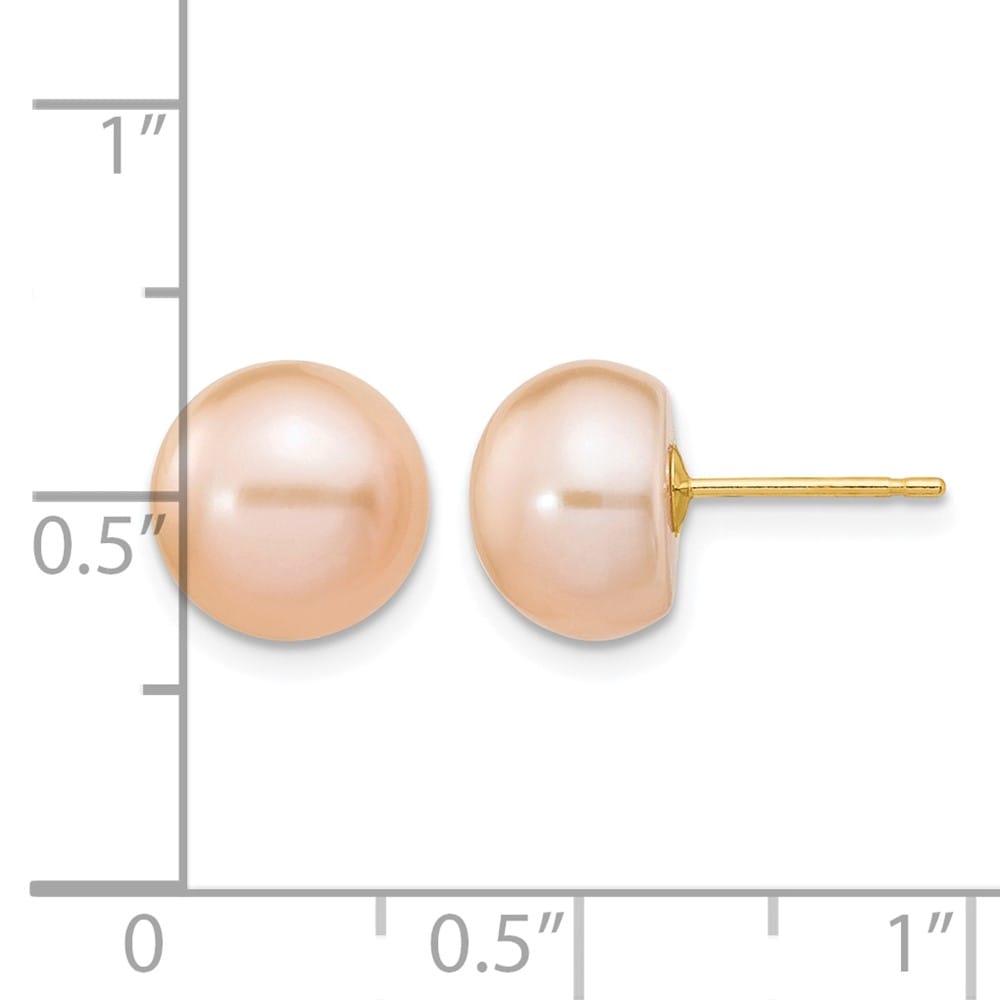 14K Yellow Gold 9-10mm Pink Button Freshwater Pearl Stud Post Earrings
