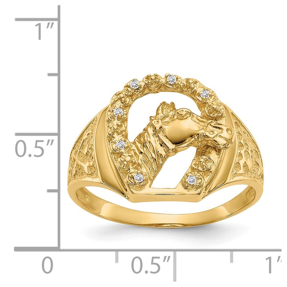 14k Yellow Gold Diamond Horseshoe with Horse in Center Men's Ring