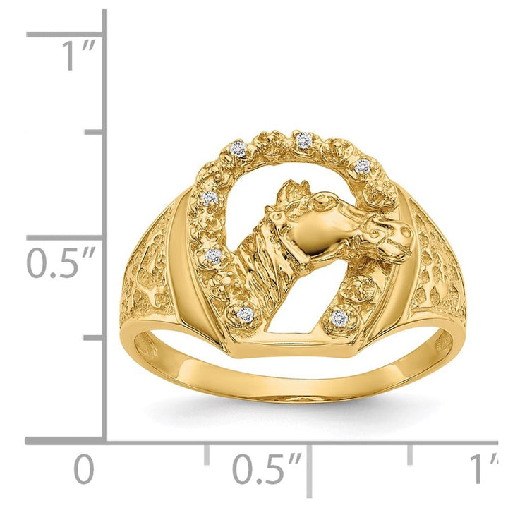 14k Yellow Gold Diamond Horseshoe with Horse in Center Men's Ring