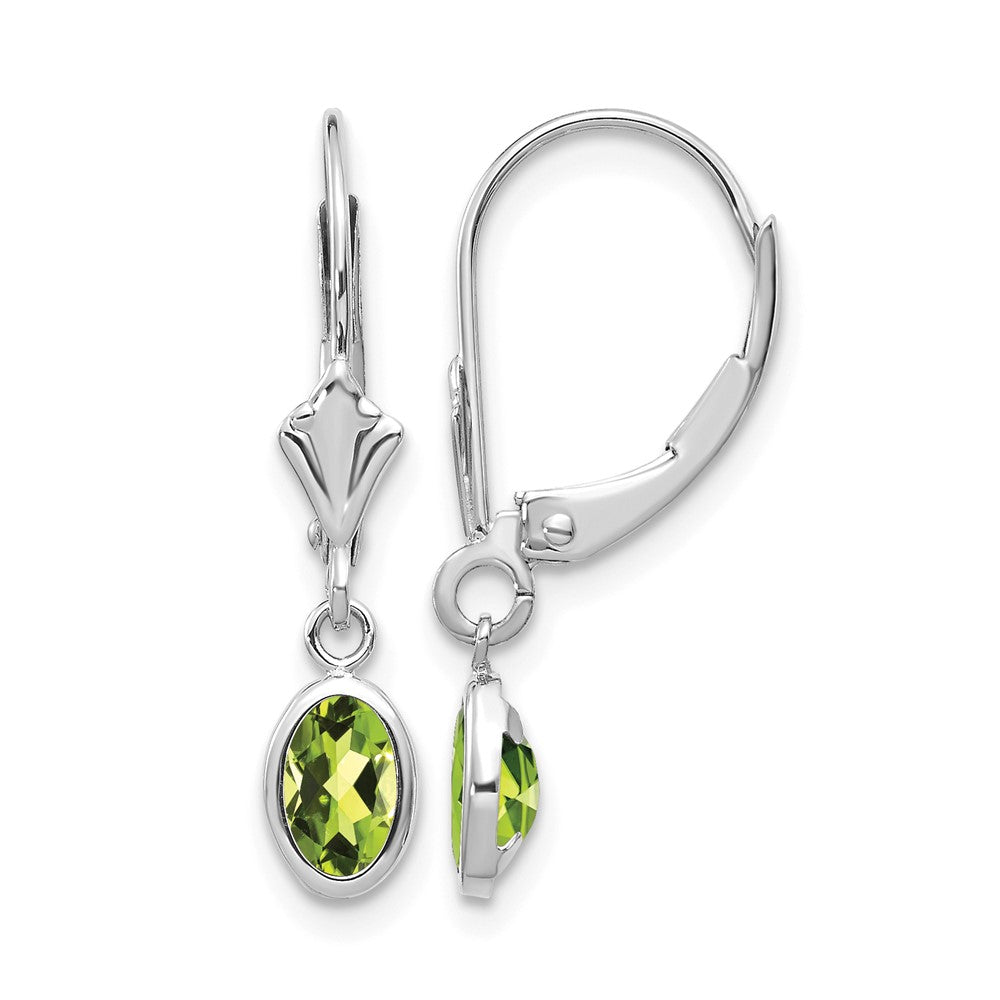 14K White Gold 6x4 Oval Bezel August/Peridot Leverback Earrings, view 1 of 4