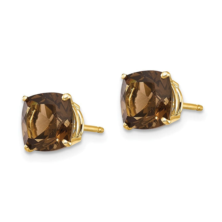 14K Yellow Gold 7mm Cushion Smoky Quartz Checkerboard Post Earrings, view 10 of 12