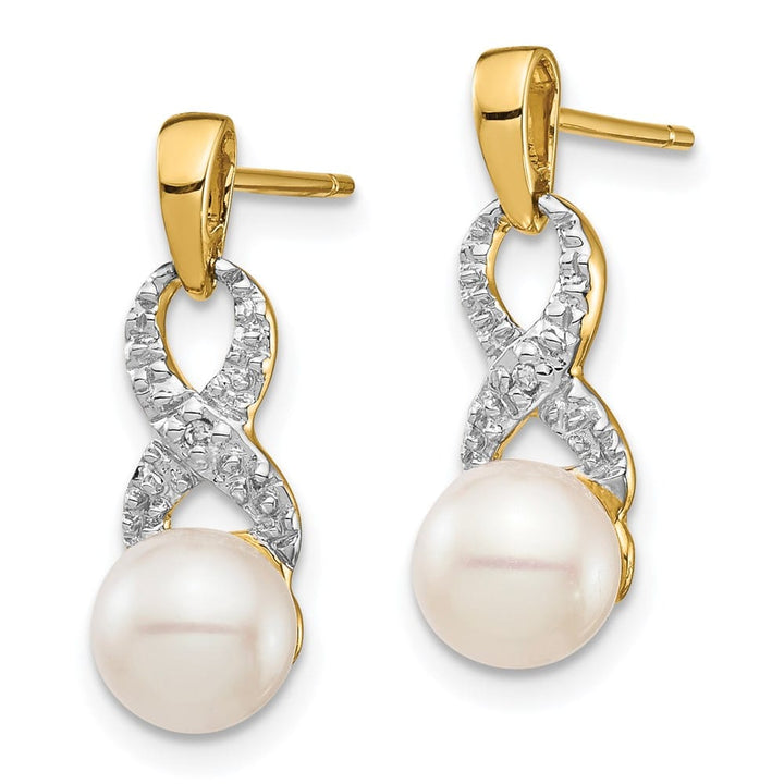 14K Yellow Gold 6-7mm White Round Freshwater Pearl and .01 Earrings