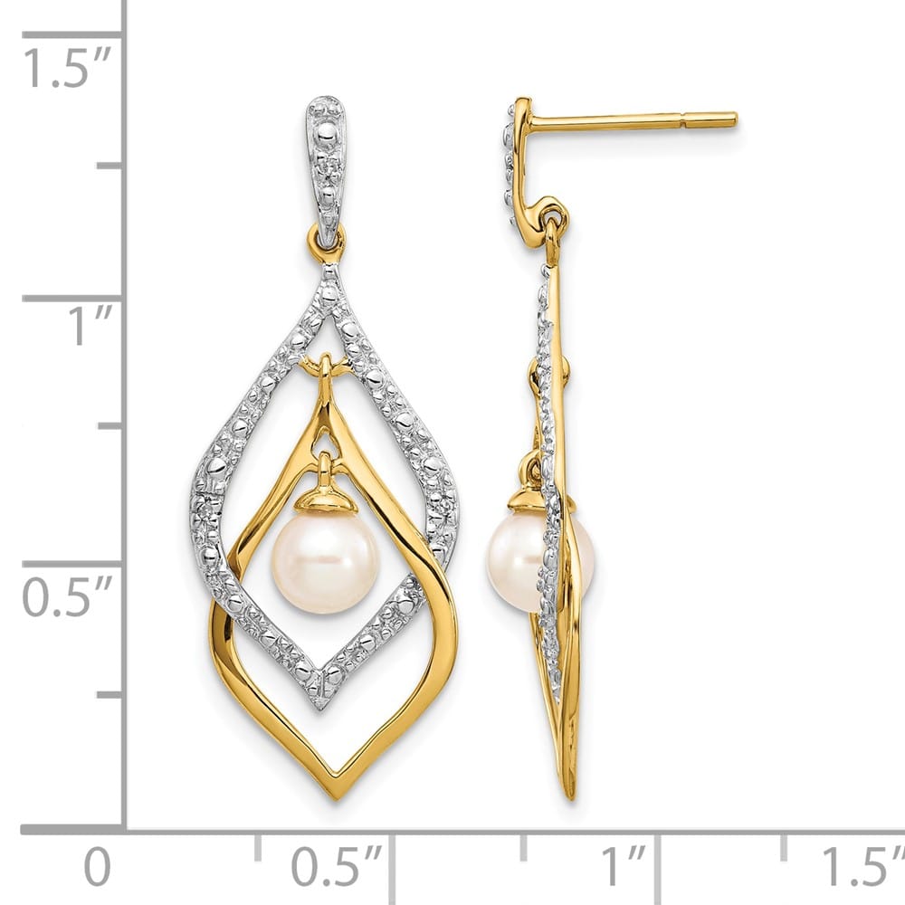 14K Yellow Gold 5-6mm White Round Freshwater Pearl and .02 Earrings