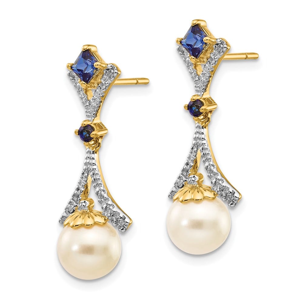 14K Yellow Gold 7-8mm White Round Freshwater Pearl/Lab Earrings