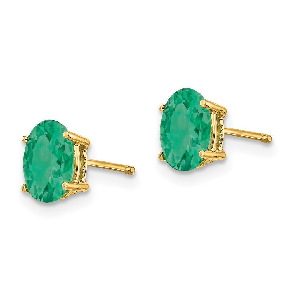 14K Yellow Gold 7x5mm Oval Emerald Post Earrings, view 2 of 4