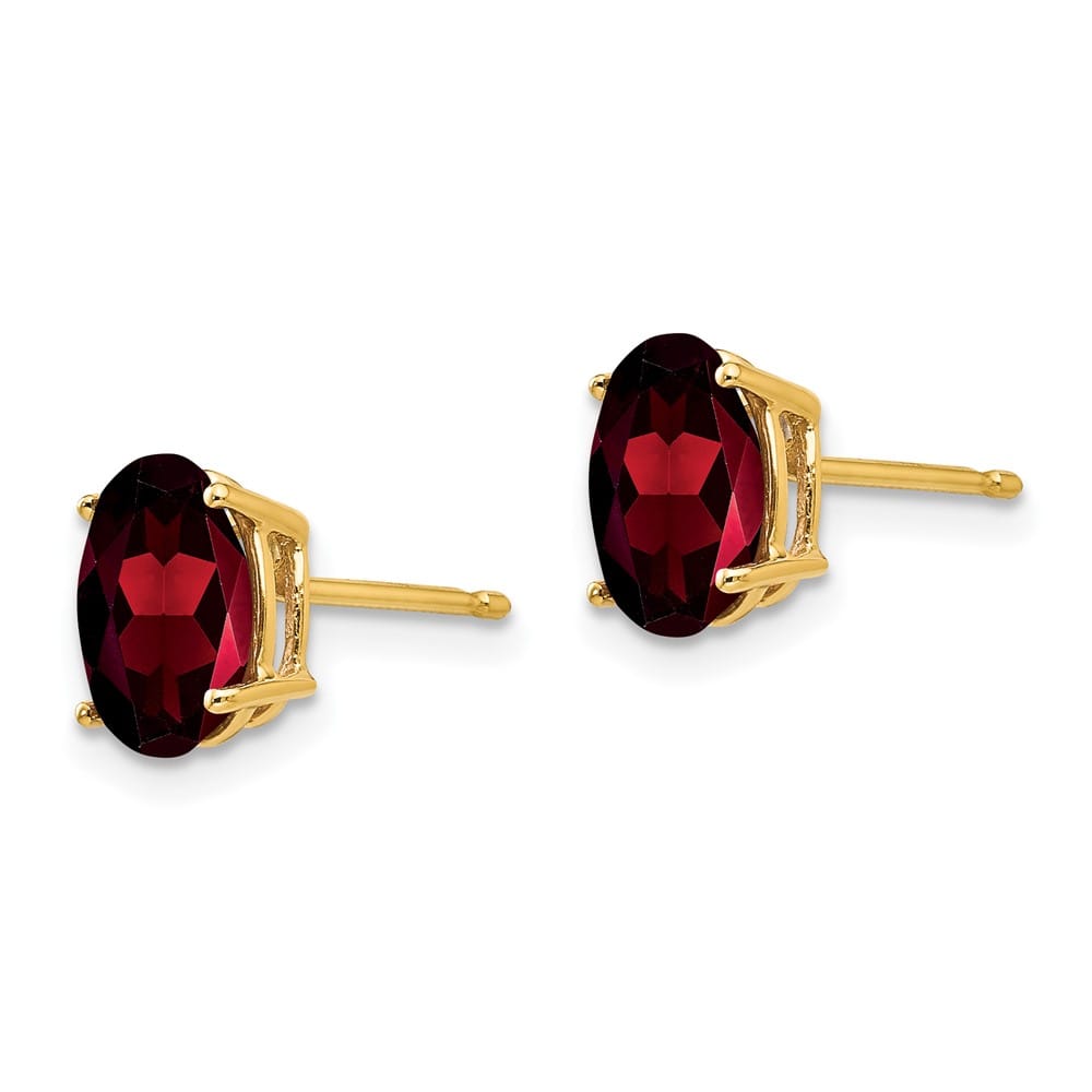 14K Yellow Gold 8x6mm Oval Garnet Post Earrings, view 2 of 4