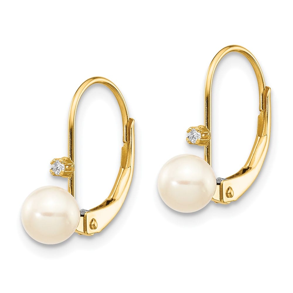 14K Yellow Gold 5-6mm White Round Freshwater Pearl and .02 Earrings