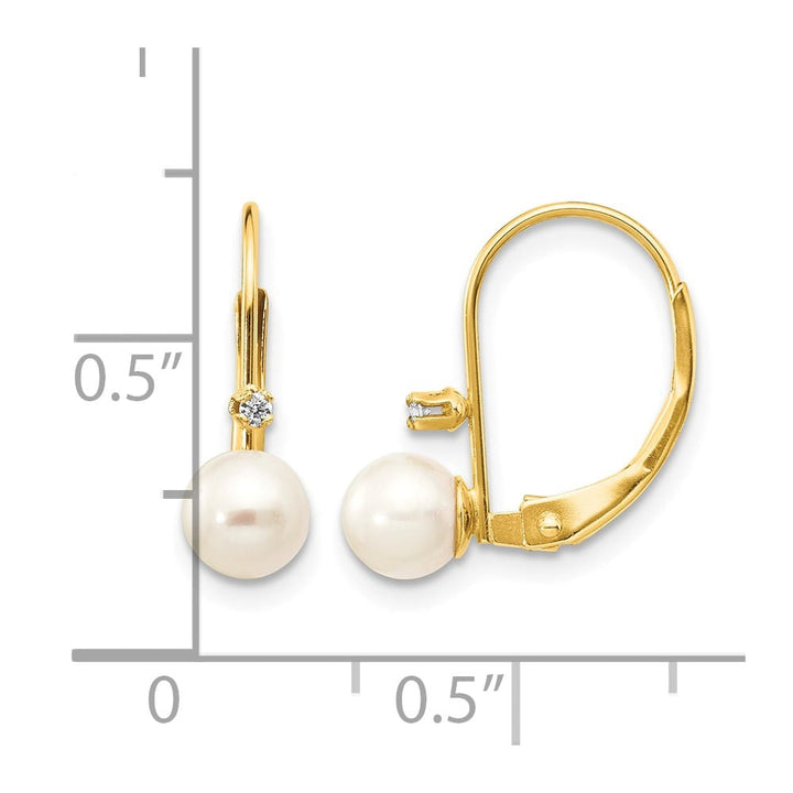 14K Yellow Gold 5-6mm White Round Freshwater Pearl and .02 Earrings