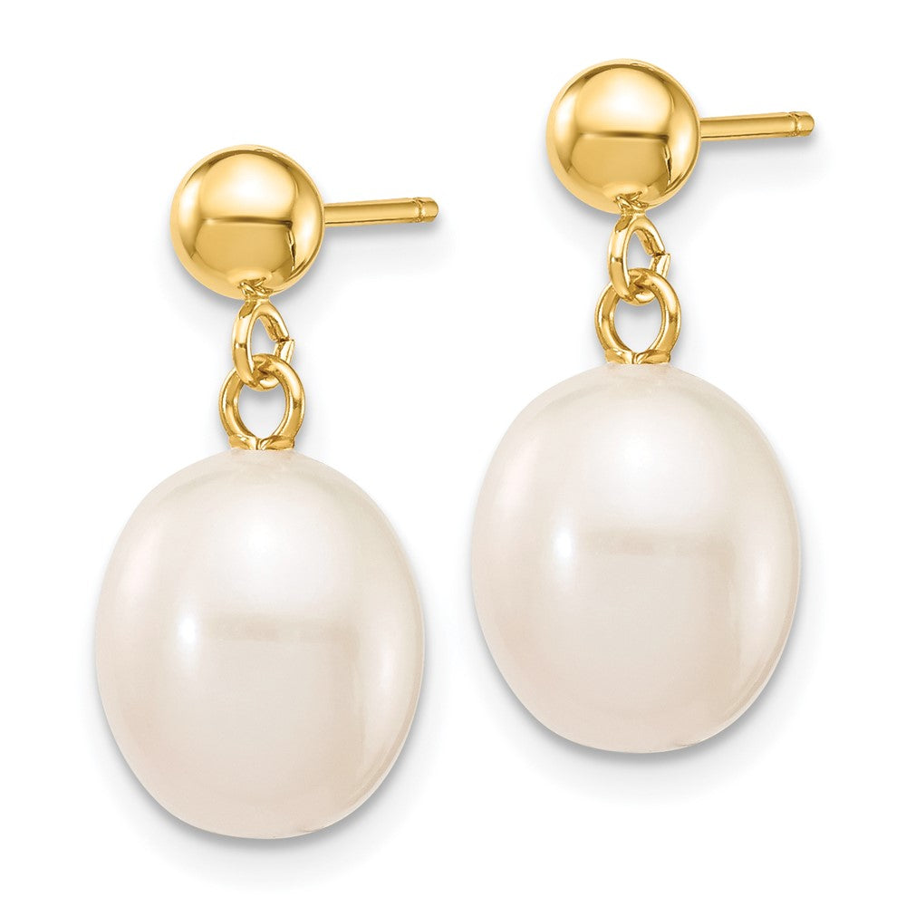 14K Yellow Gold 8-9mm White Rice Freshwater Pearl Post Dangle Earrings