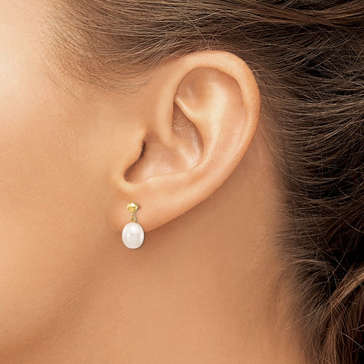 14K Yellow Gold 8-9mm White Rice Freshwater Pearl Post Dangle Earrings