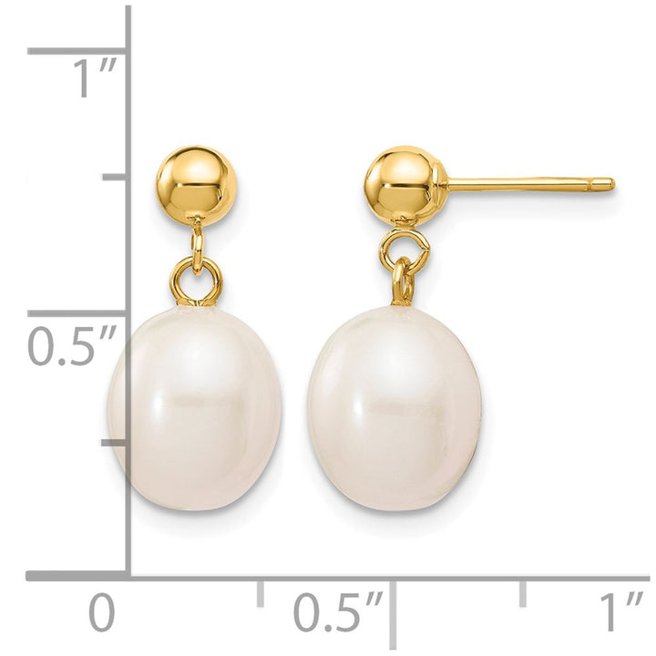 14K Yellow Gold 8-9mm White Rice Freshwater Pearl Post Dangle Earrings