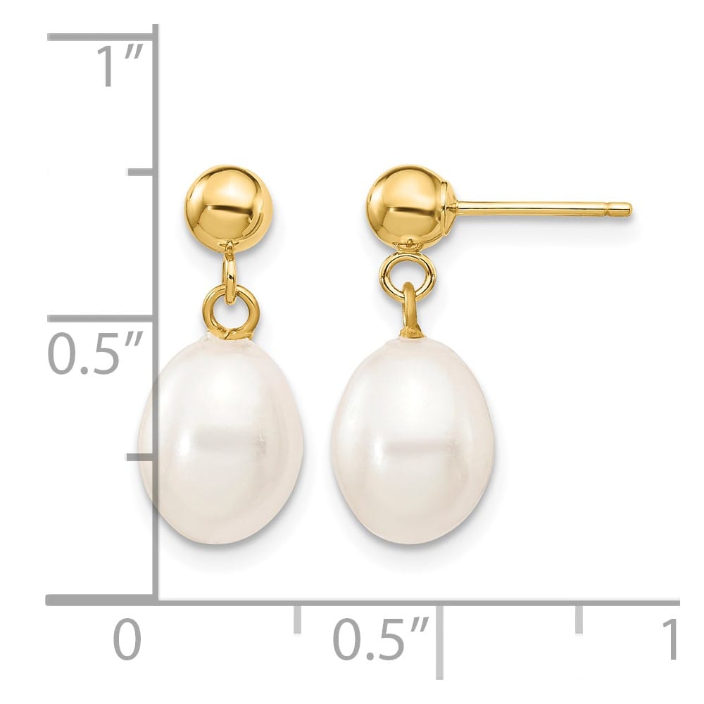 14K Yellow Gold 7-8mm White Rice Freshwater Pearl Post Dangle Earrings