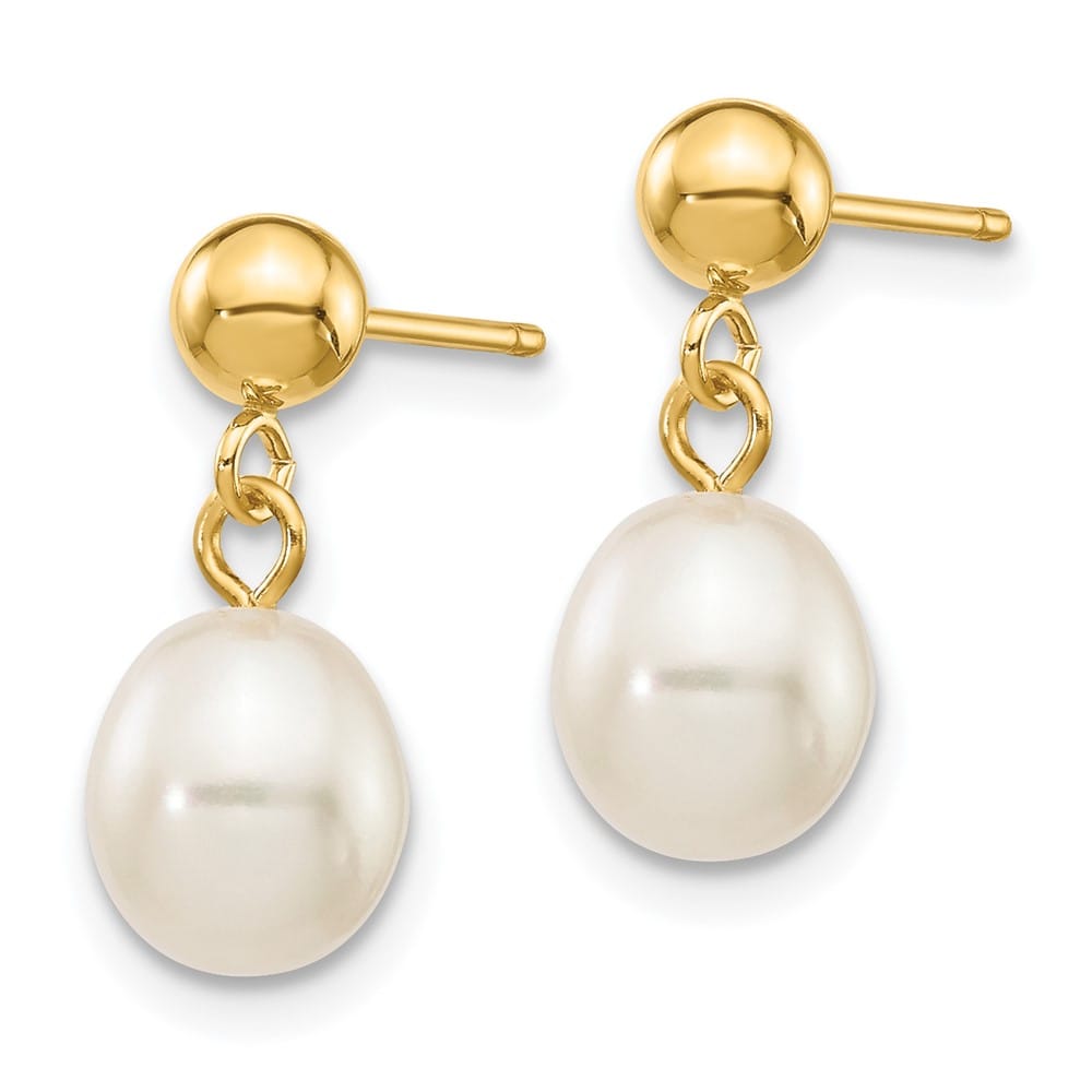 14K Yellow Gold 6-7mm White Rice Freshwater Pearl Dangle Post Earrings
