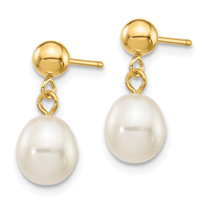 14K Yellow Gold 6-7mm White Rice Freshwater Pearl Dangle Post Earrings
