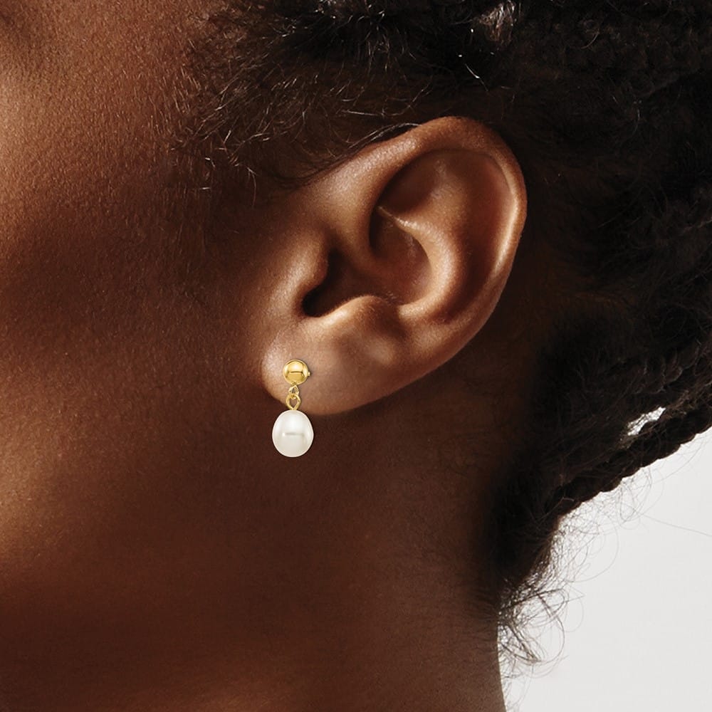 14K Yellow Gold 6-7mm White Rice Freshwater Pearl Dangle Post Earrings