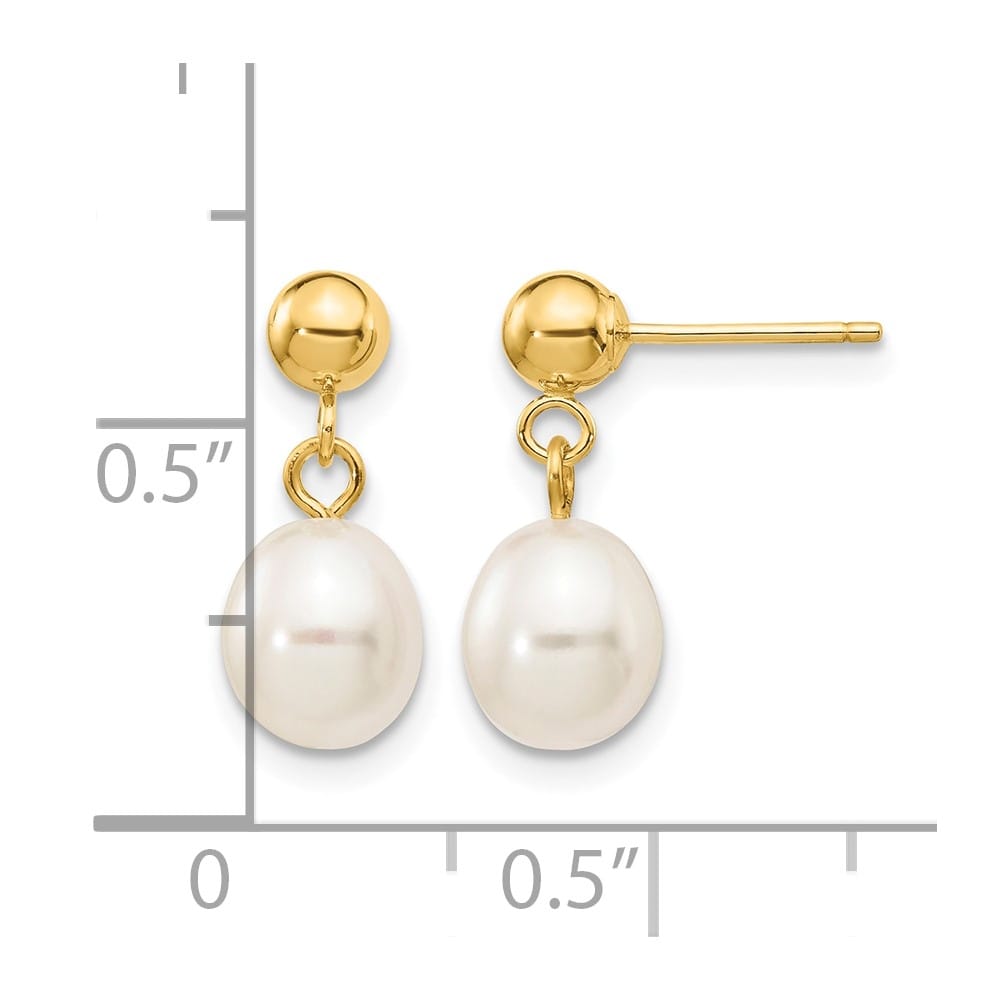 14K Yellow Gold 6-7mm White Rice Freshwater Pearl Dangle Post Earrings