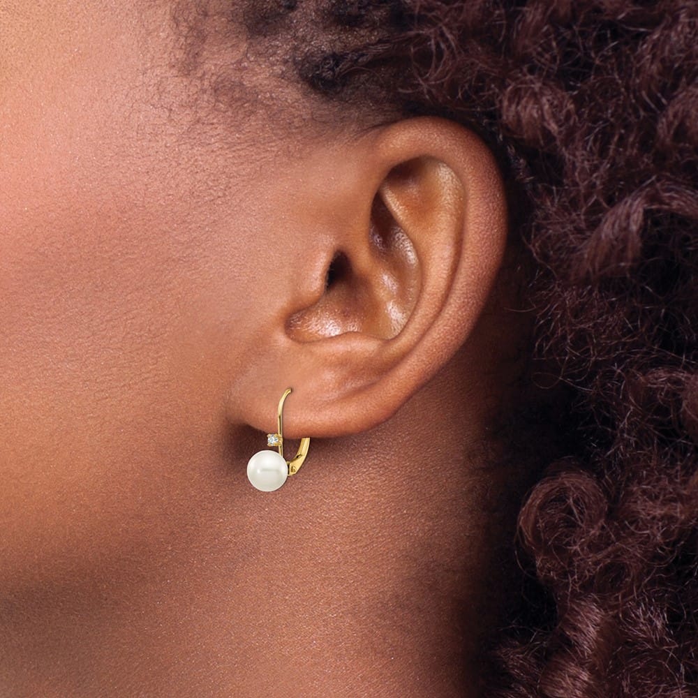 14K Yellow Gold 6-7mm White Round Freshwater Pearl and .06 Earrings