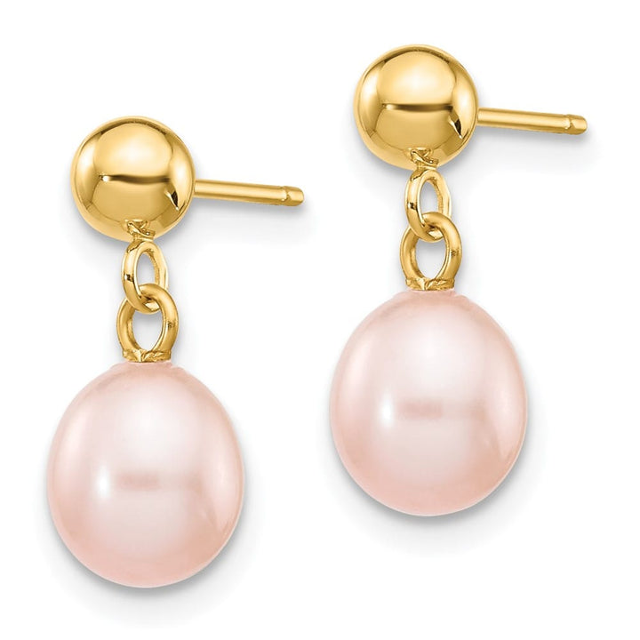 14K Yellow Gold 6-7mm Pink Rice Freshwater Pearl Dangle Post Earrings