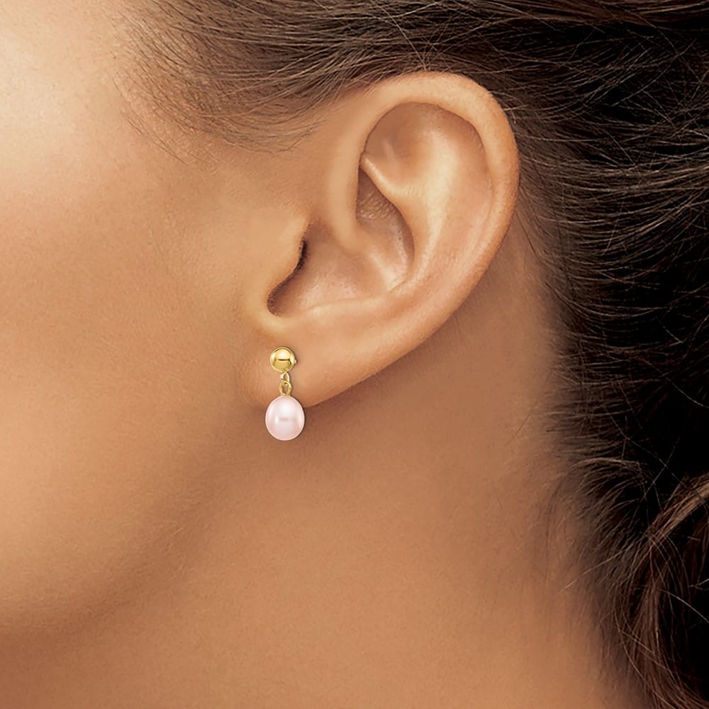 14K Yellow Gold 6-7mm Pink Rice Freshwater Pearl Dangle Post Earrings