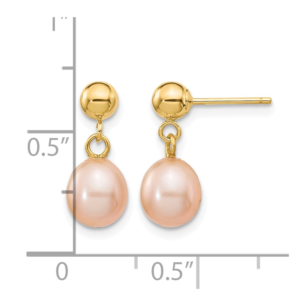 14K Yellow Gold 6-7mm Pink Rice Freshwater Pearl Dangle Post Earrings