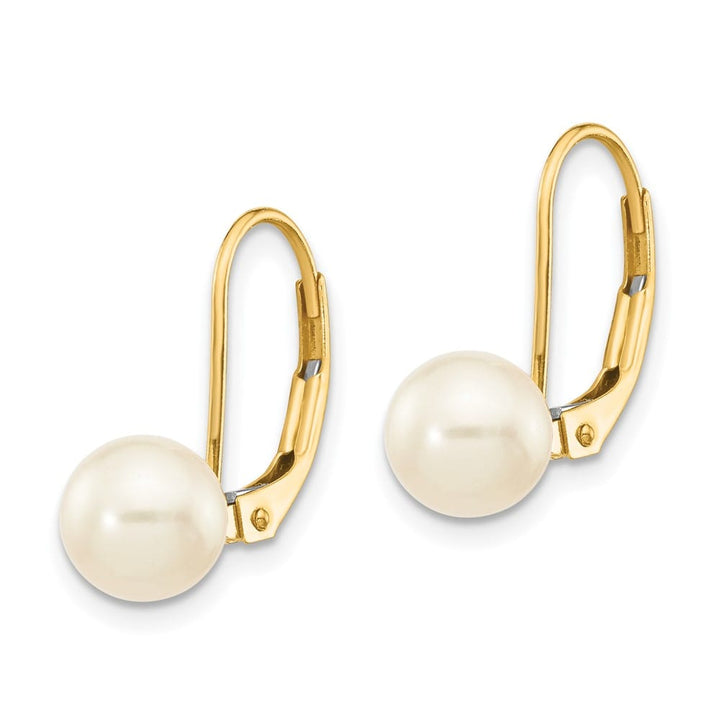 14K Yellow Gold 6-7mm White Round Freshwater Pearl Leverback Earrings