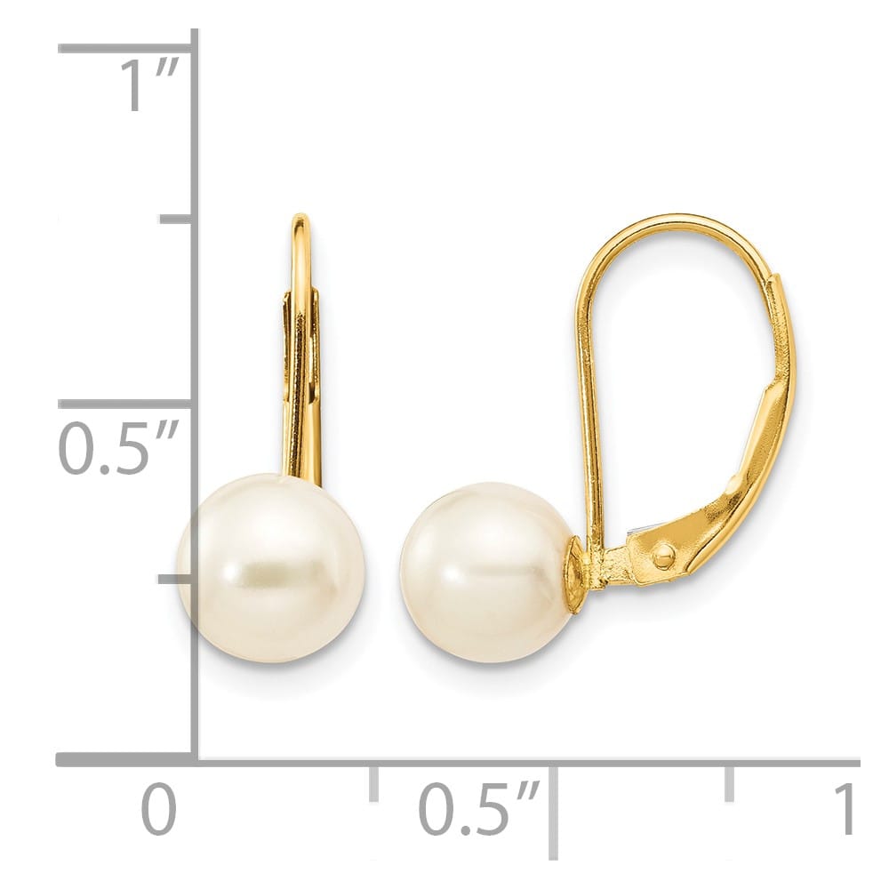14K Yellow Gold 6-7mm White Round Freshwater Pearl Leverback Earrings