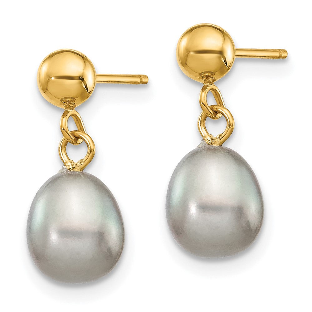 14K Yellow Gold 6-7mm Grey Rice Freshwater Pearl Dangle Post Earrings