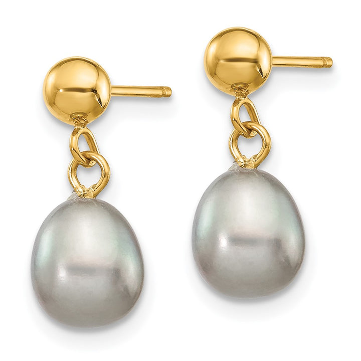 14K Yellow Gold 6-7mm Grey Rice Freshwater Pearl Dangle Post Earrings
