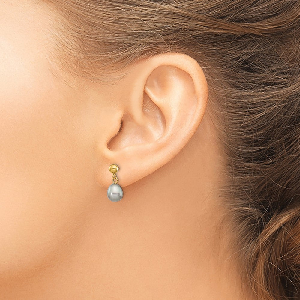 14K Yellow Gold 6-7mm Grey Rice Freshwater Pearl Dangle Post Earrings