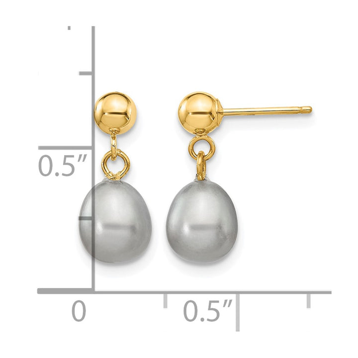 14K Yellow Gold 6-7mm Grey Rice Freshwater Pearl Dangle Post Earrings