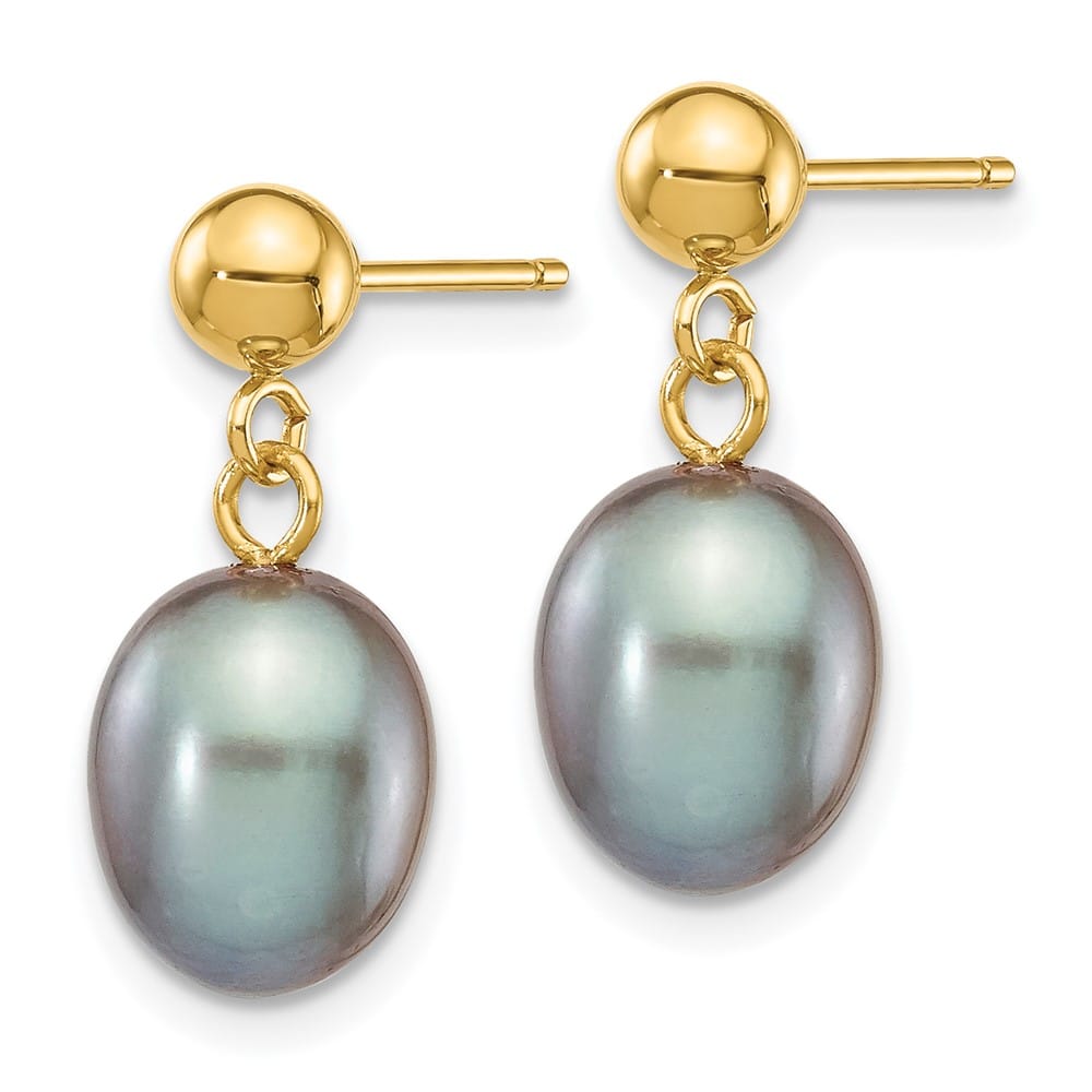 14K Yellow Gold 7-8mm Grey Rice Freshwater Pearl Dangle Post Earrings