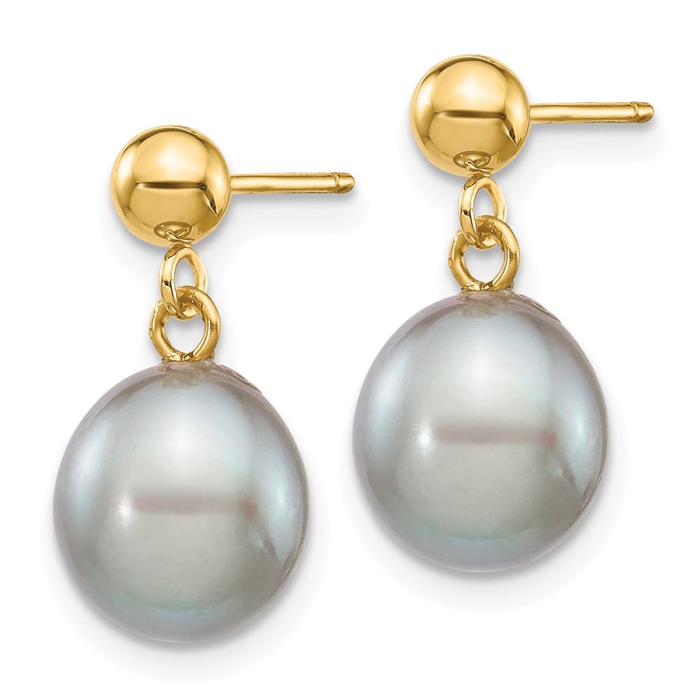14K Yellow Gold 8-9mm Grey Rice Freshwater Pearl Dangle Post Earrings