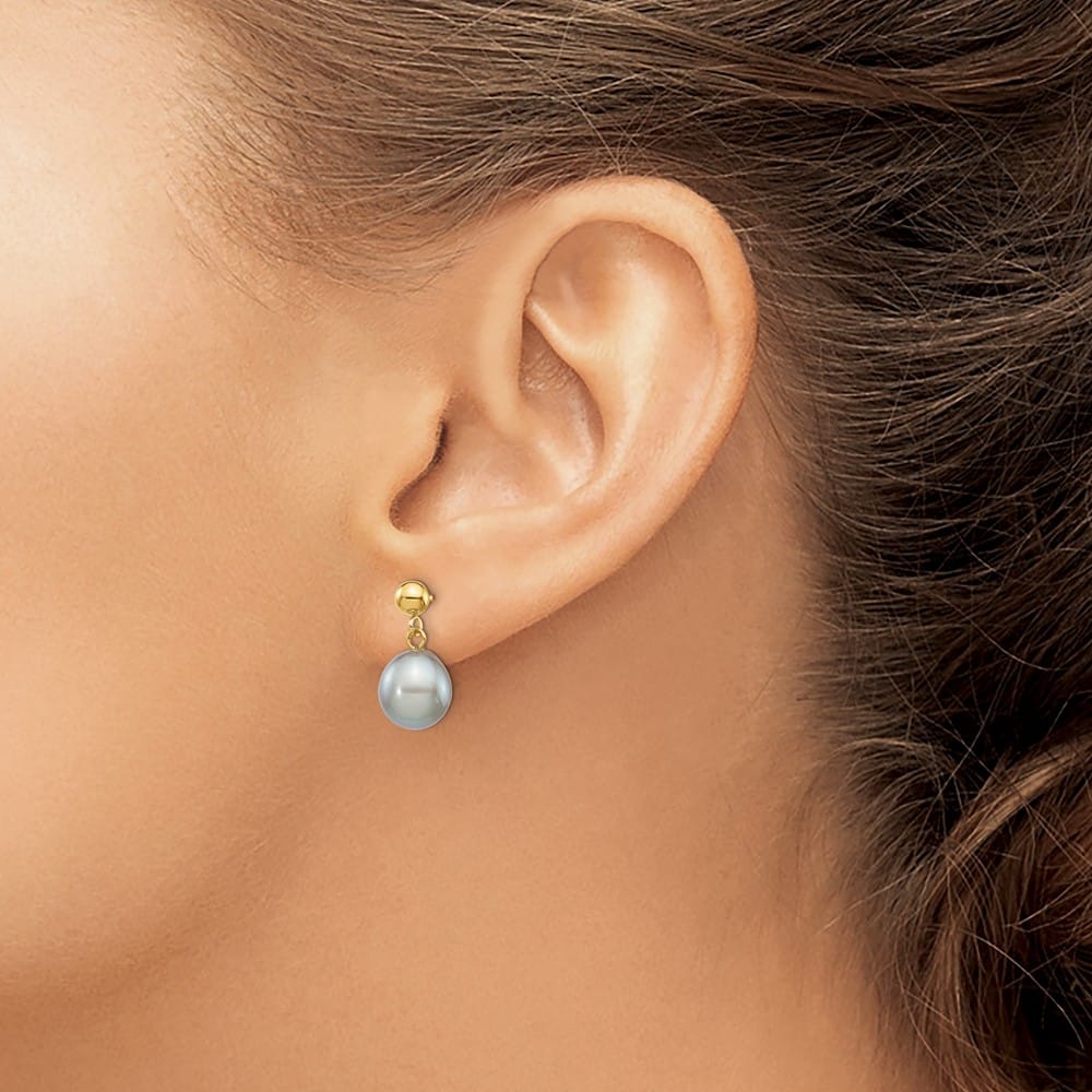 14K Yellow Gold 8-9mm Grey Rice Freshwater Pearl Dangle Post Earrings