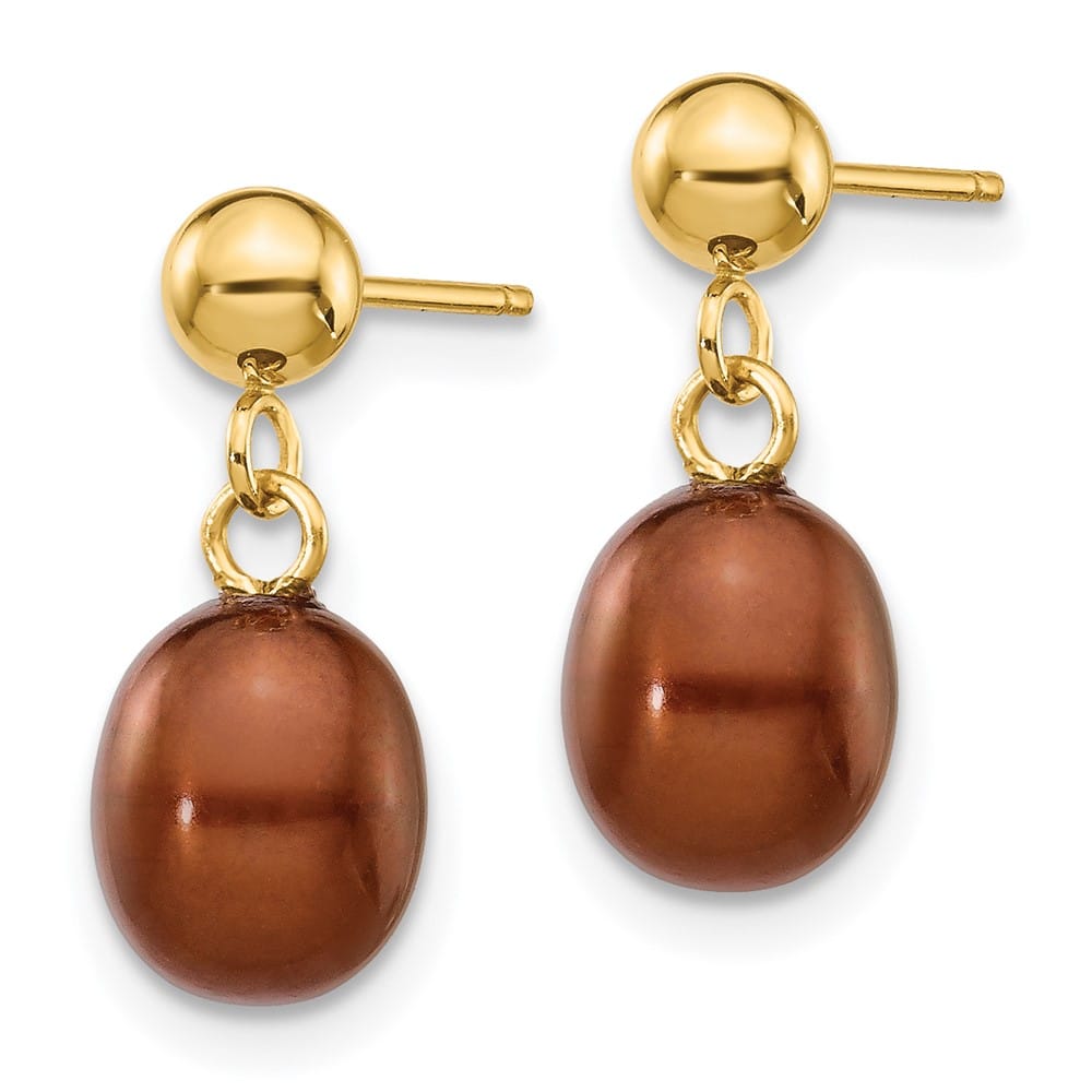 14K Yellow Gold 6-7mm Brown Rice Freshwater Pearl Dangle Post Earrings