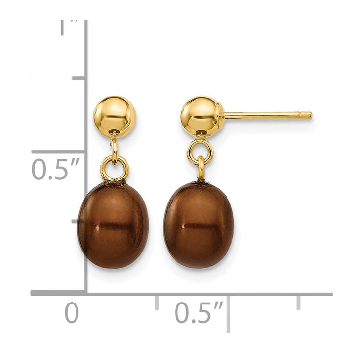14K Yellow Gold 6-7mm Brown Rice Freshwater Pearl Dangle Post Earrings