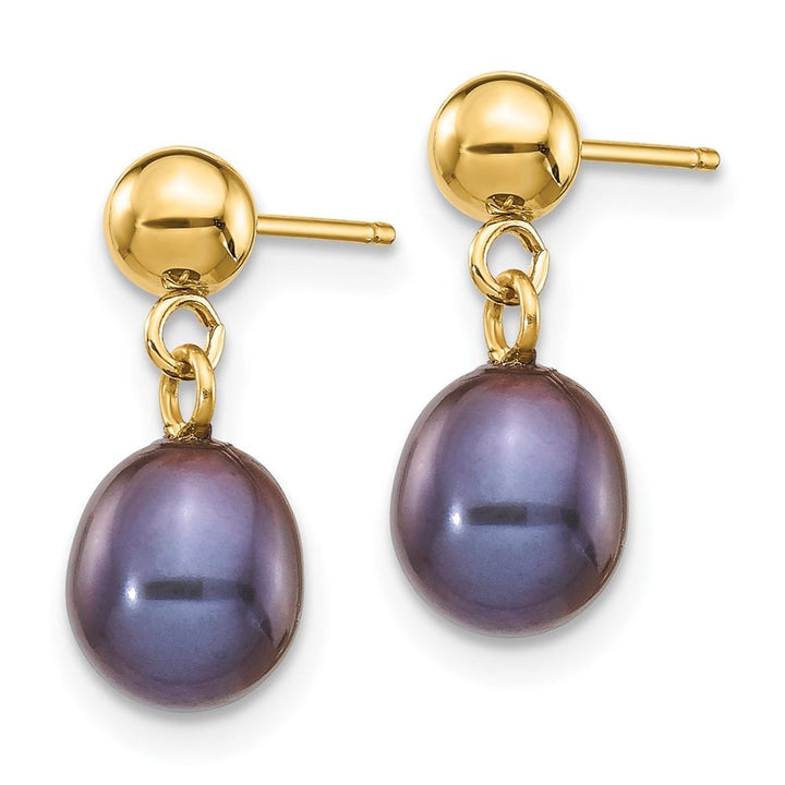 14K Yellow Gold 6-7mm Black Rice Freshwater Pearl Dangle Post Earrings