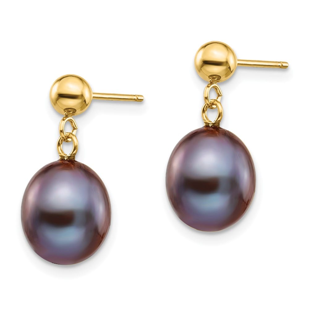 14K Yellow Gold 8-9mm Black Rice Freshwater Pearl Dangle Post Earrings