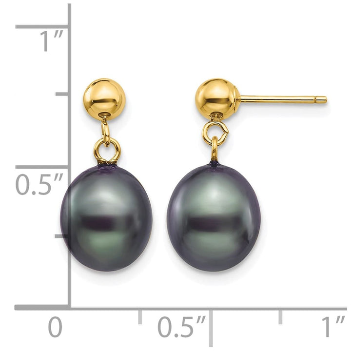 14K Yellow Gold 8-9mm Black Rice Freshwater Pearl Dangle Post Earrings