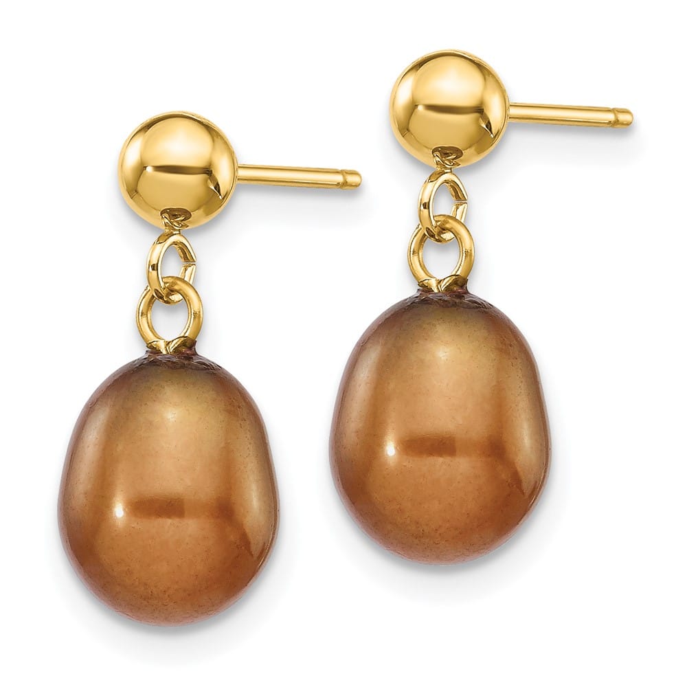 14K Yellow Gold 7-8mm Brown Rice Freshwater Pearl Dangle Post Earrings