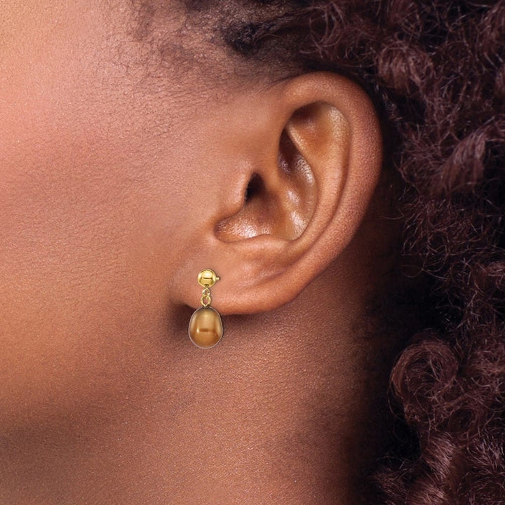 14K Yellow Gold 7-8mm Brown Rice Freshwater Pearl Dangle Post Earrings