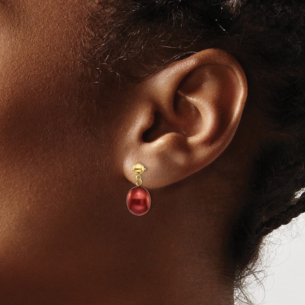 14K Yellow Gold 8-9mm Brown Rice Freshwater Pearl Dangle Post Earrings