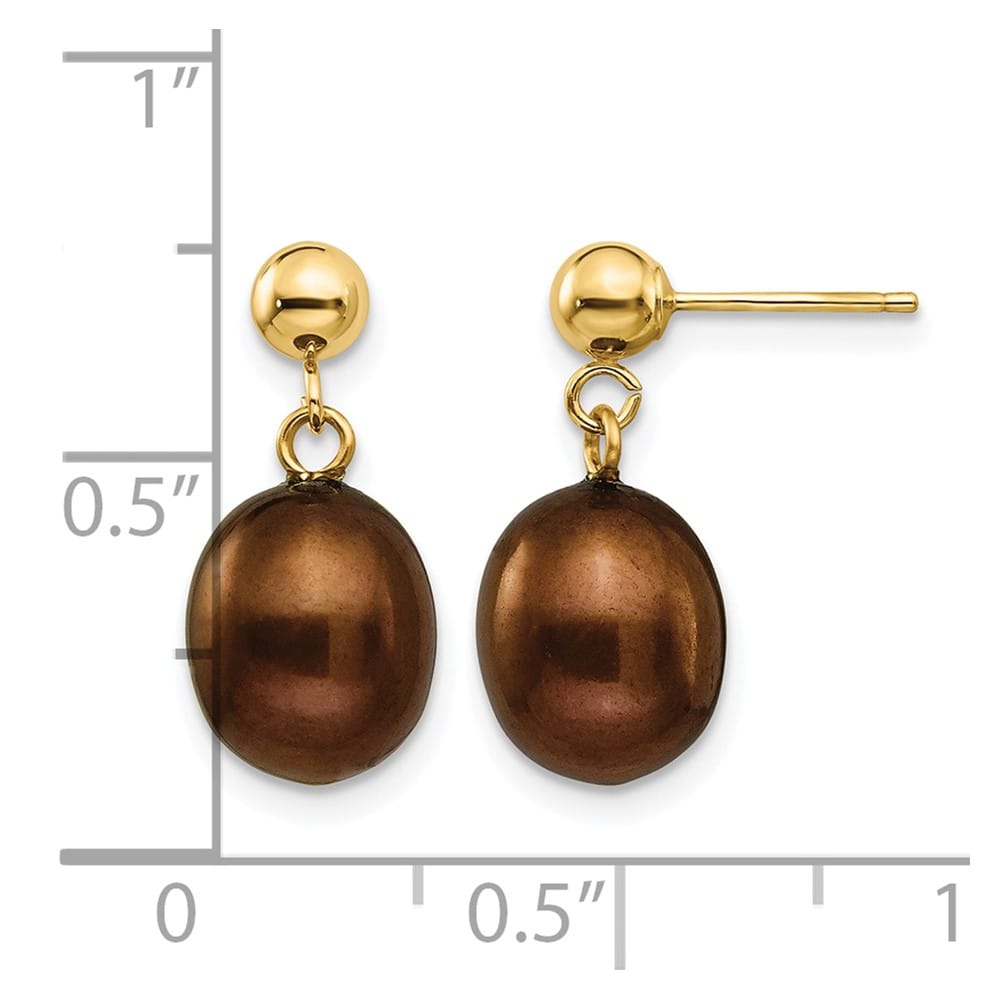 14K Yellow Gold 8-9mm Brown Rice Freshwater Pearl Dangle Post Earrings