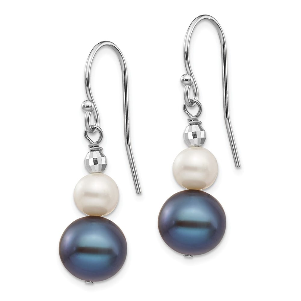 14K White Gold 6-9mm Black and White Semi-round Freshwater Earrings