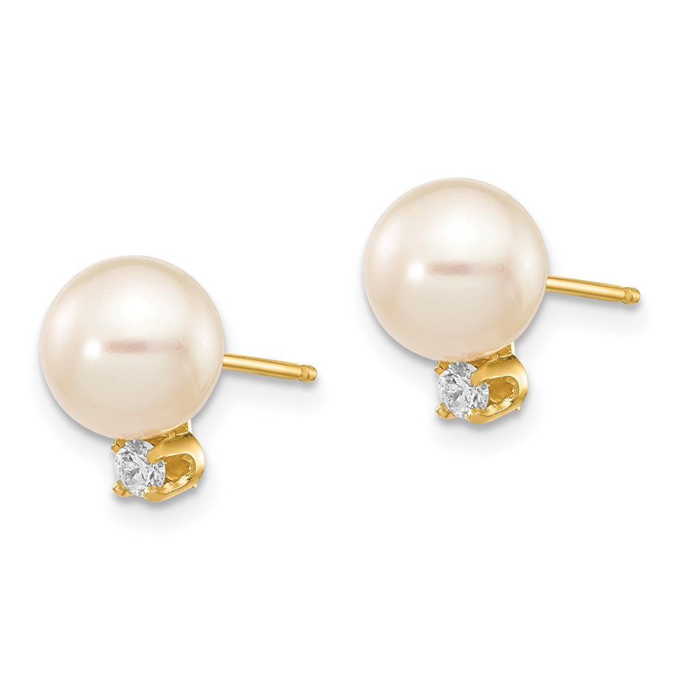 14K Yellow Gold 7-8mm White Round Freshwater Pearl and .10 Earrings
