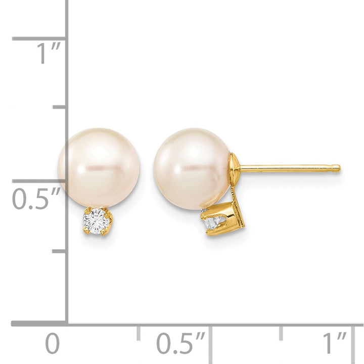 14K Yellow Gold 7-8mm White Round Freshwater Pearl and .10 Earrings